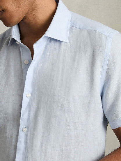 Reiss Slim Fit Linen Button-Through Shirt in Pale Blue