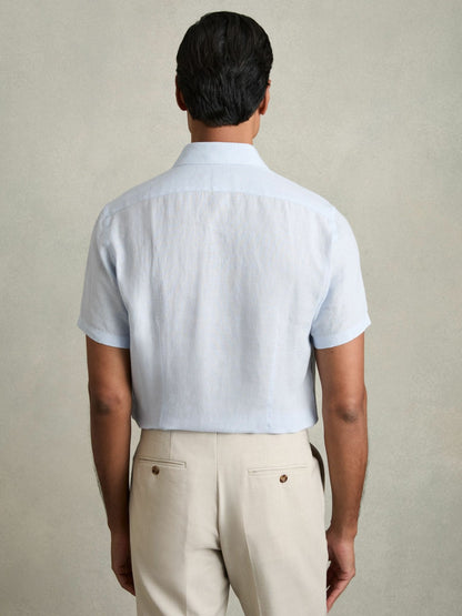 Reiss Slim Fit Linen Button-Through Shirt in Pale Blue