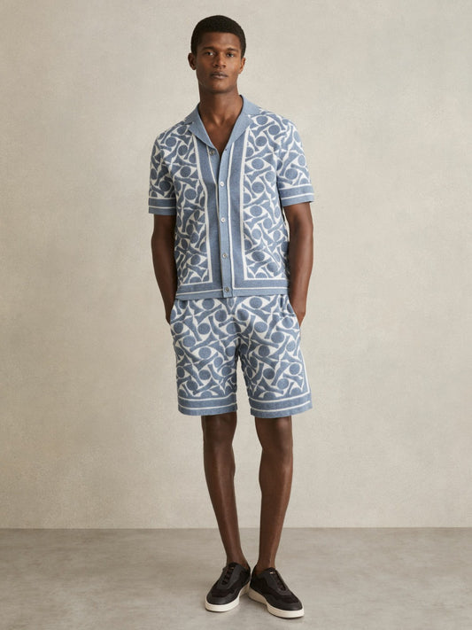 Reiss Featured - Abstract-Pattern Towelling Shorts in Soft Blue/White