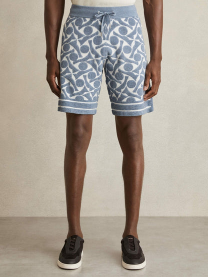 Reiss Featured - Abstract-Pattern Towelling Shorts in Soft Blue/White