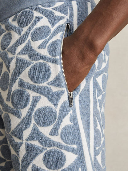 Reiss Featured - Abstract-Pattern Towelling Shorts in Soft Blue/White