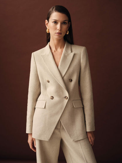 Reiss Petite Linen-Blend Double-Breasted Suit Jacket in Neutral