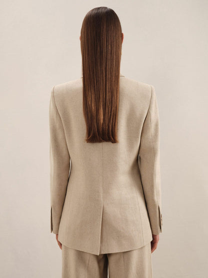 Reiss Petite Linen-Blend Double-Breasted Suit Jacket in Neutral