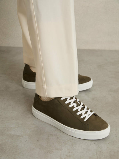 Reiss Affordable - Nubuck-Leather Low-Top Trainers in Olive Green