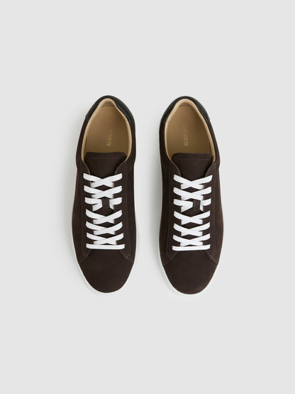 Reiss Popular Choice - Nubuck-Leather Low-Top Trainers in Dark Chocolate Brown