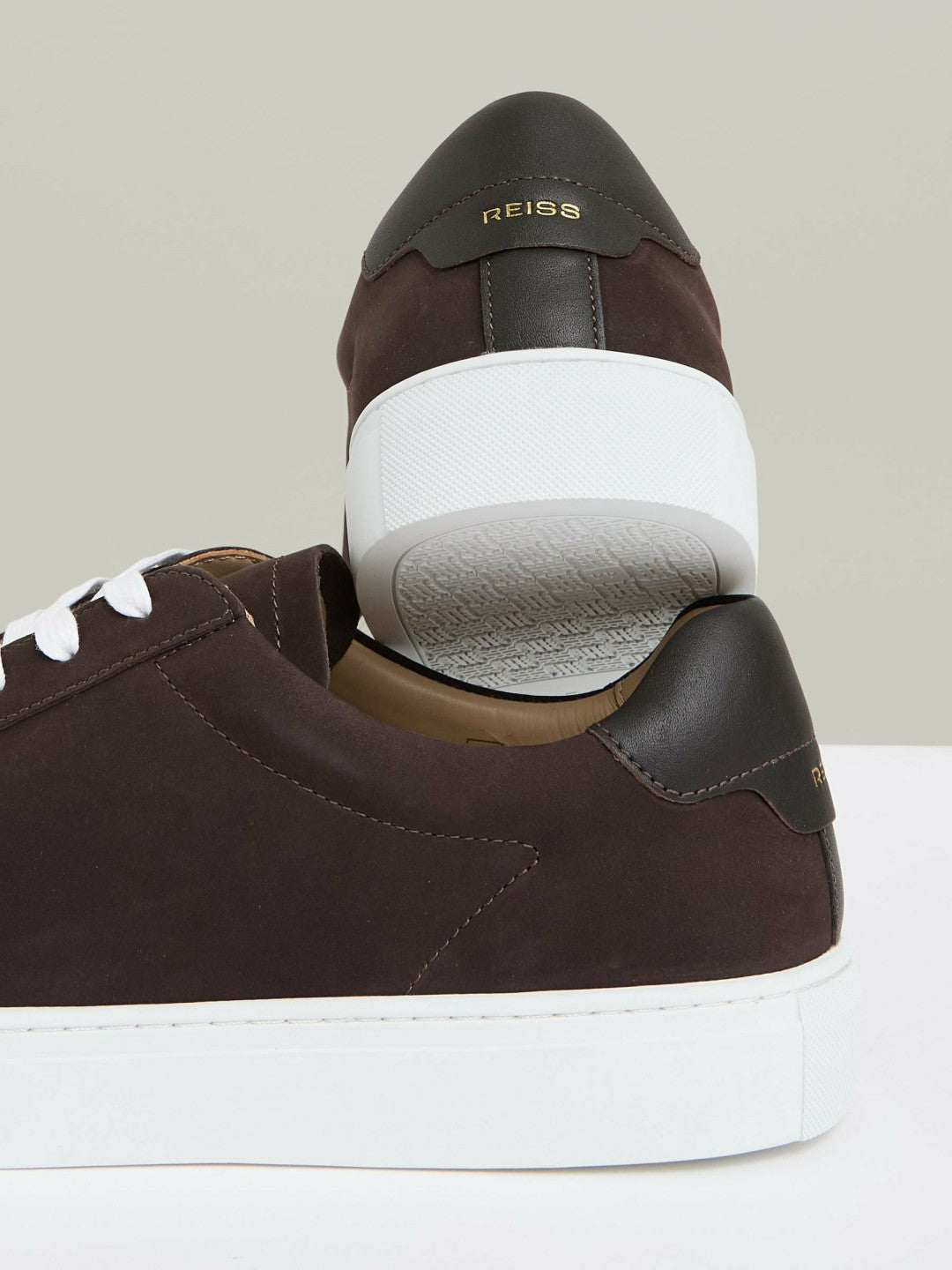 Reiss Popular Choice - Nubuck-Leather Low-Top Trainers in Dark Chocolate Brown