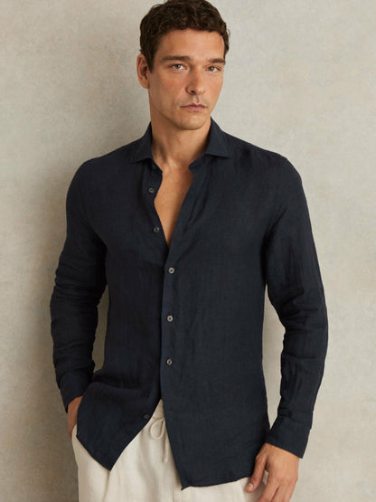 Reiss Value - Linen Button-Through Shirt in Navy
