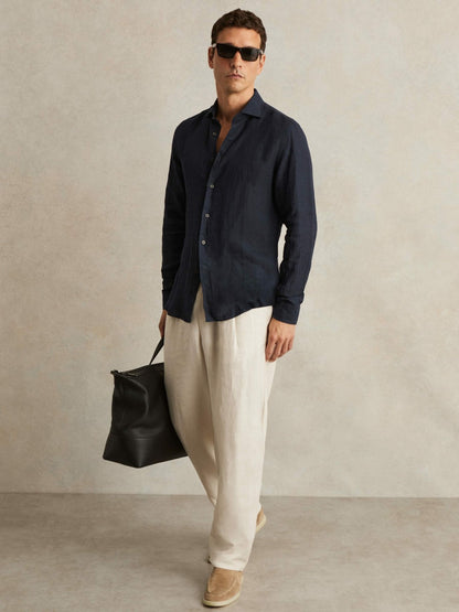 Reiss Value - Linen Button-Through Shirt in Navy