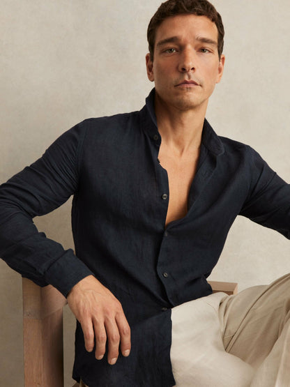 Reiss Value - Linen Button-Through Shirt in Navy