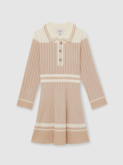 Reiss Deal - 13-14 yrs Rib-Knit Pointelle Flared Dress in Pale Pink