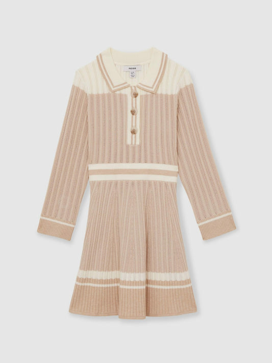 Reiss Deal - 13-14 yrs Rib-Knit Pointelle Flared Dress in Pale Pink