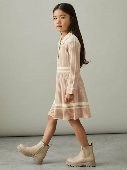 Reiss Deal - 13-14 yrs Rib-Knit Pointelle Flared Dress in Pale Pink