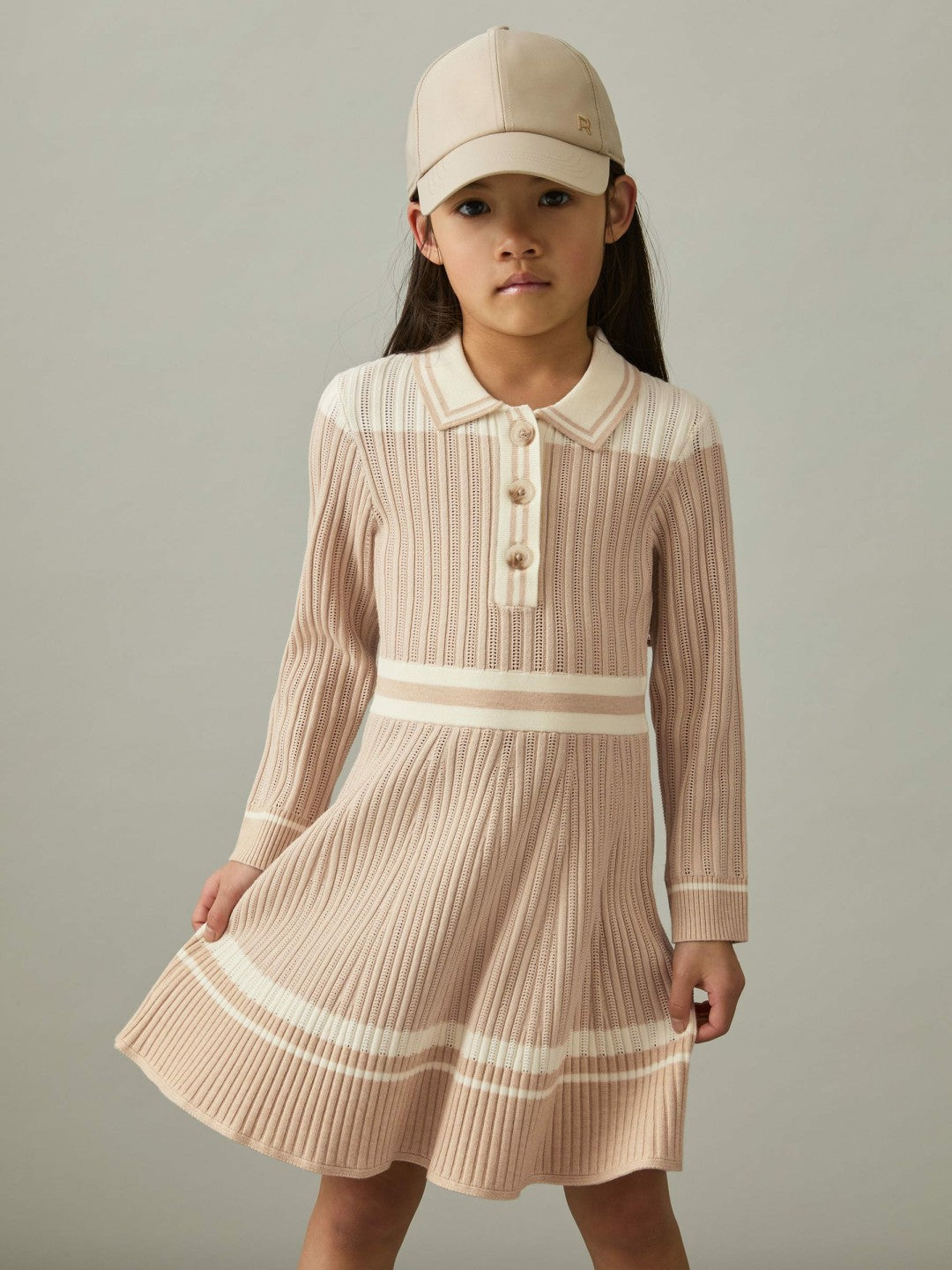 Reiss Deal - 13-14 yrs Rib-Knit Pointelle Flared Dress in Pale Pink