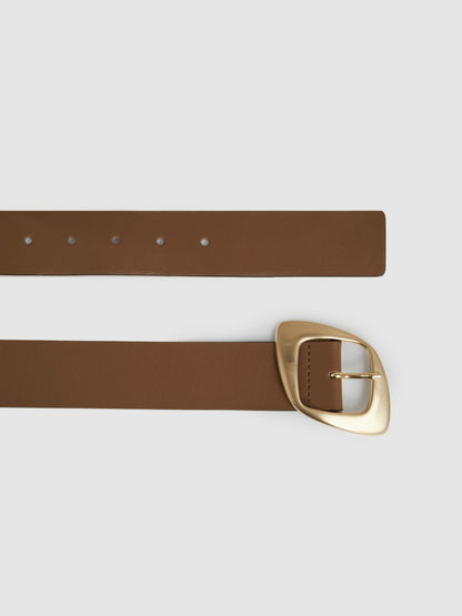 Reiss Value - Leather Curved-Edge Buckle Belt in Taupe