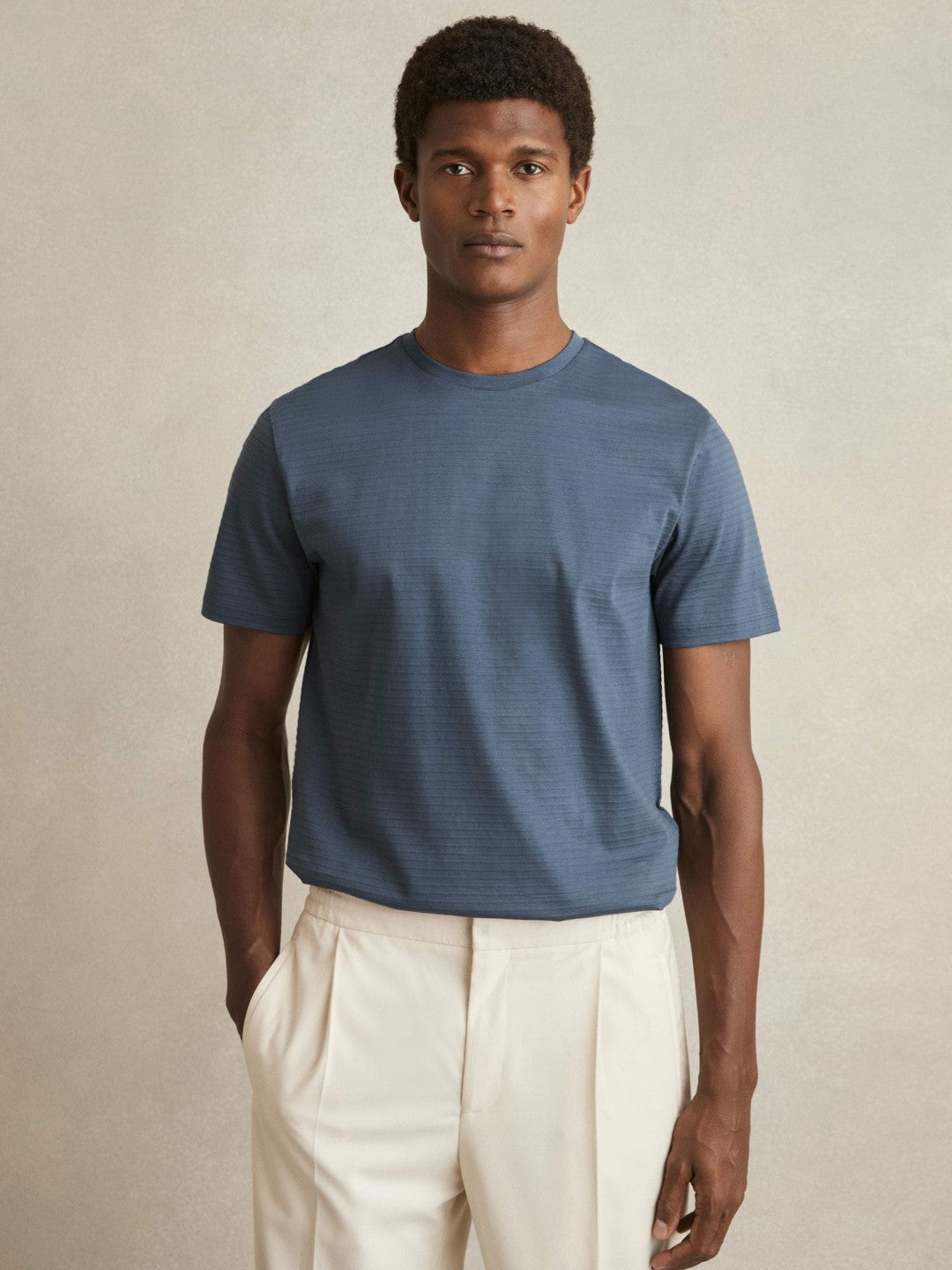 Reiss Value - Mercerised-Cotton Ribbed T-Shirt in Airforce Blue