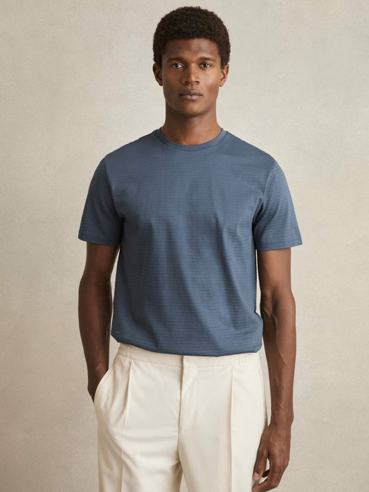 Reiss Value - Mercerised-Cotton Ribbed T-Shirt in Airforce Blue