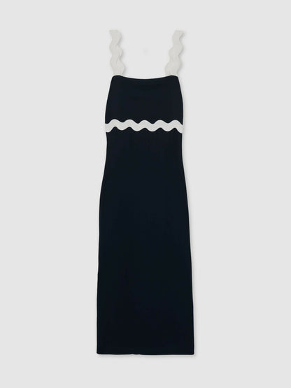 Reiss Wave-Trim Crepe Midi Dress in Navy
