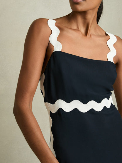 Reiss Wave-Trim Crepe Midi Dress in Navy