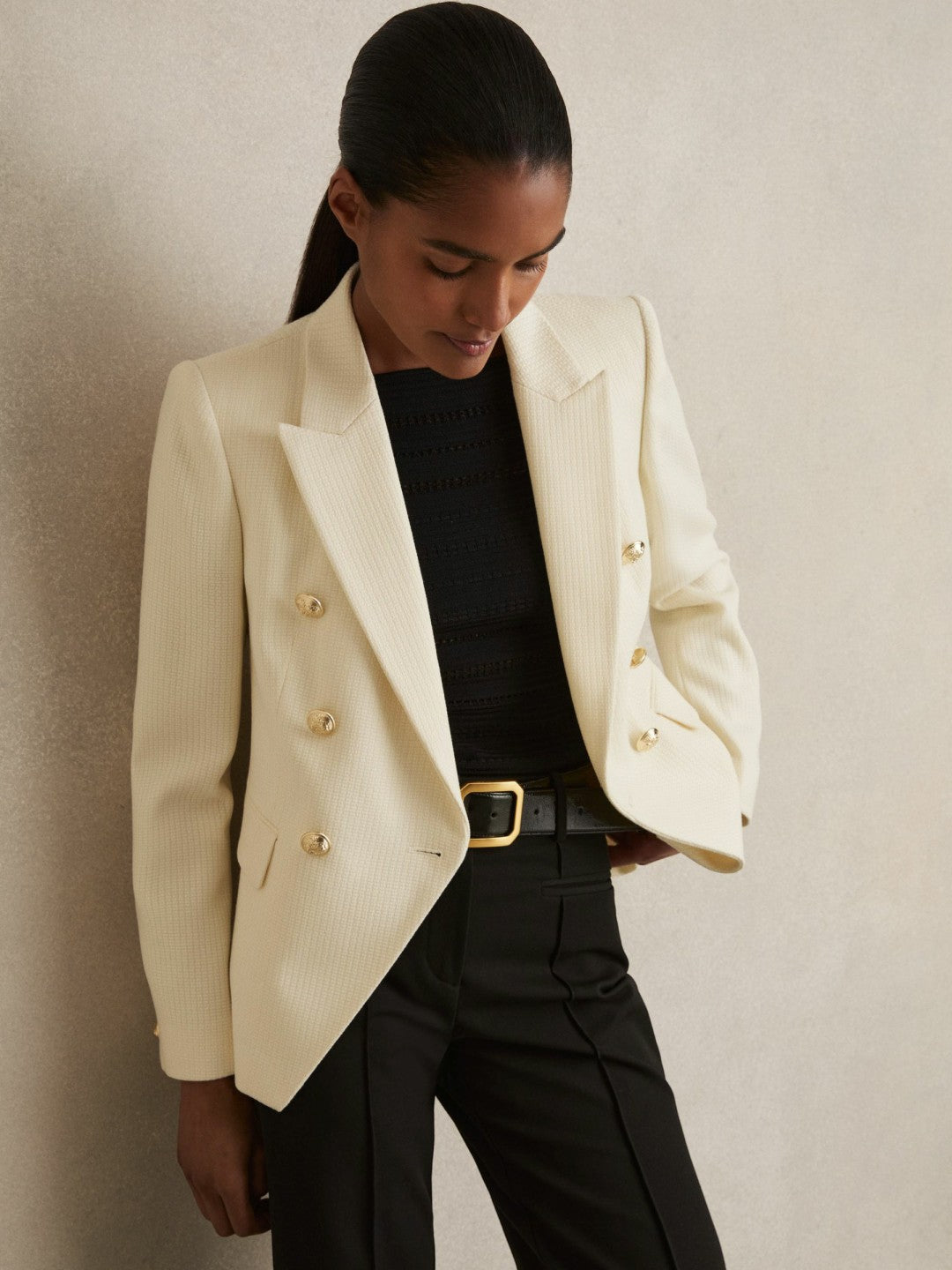 Reiss Value - Tailored Fit Textured Double Breasted Blazer in White