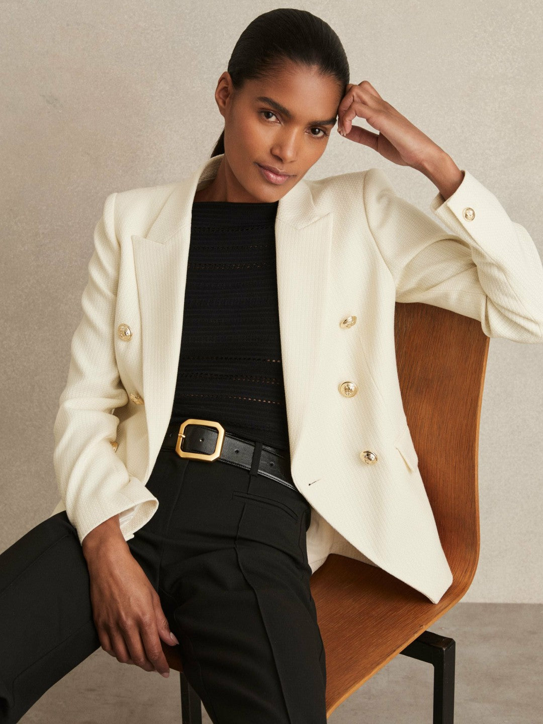 Reiss Popular Choice - Petite Tailored Fit Textured Double Breasted Blazer in White