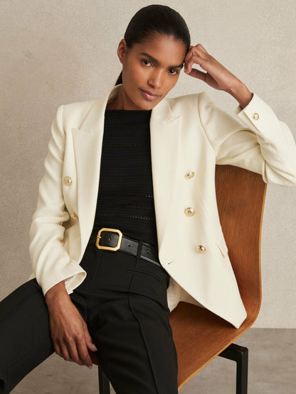 Reiss Popular Choice - Petite Tailored Fit Textured Double Breasted Blazer in White