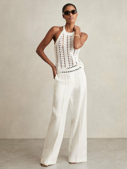 Reiss Linen Wide-Leg Whipstitch Trousers in White