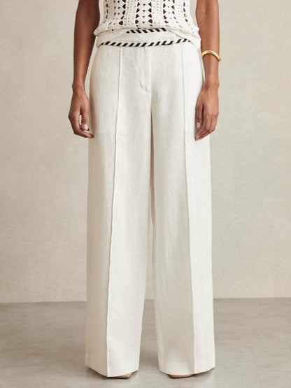 Reiss Linen Wide-Leg Whipstitch Trousers in White