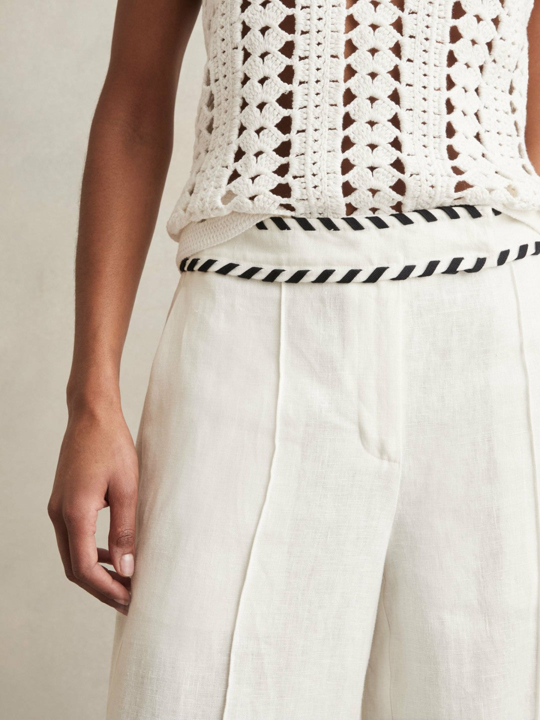 Reiss Linen Wide-Leg Whipstitch Trousers in White