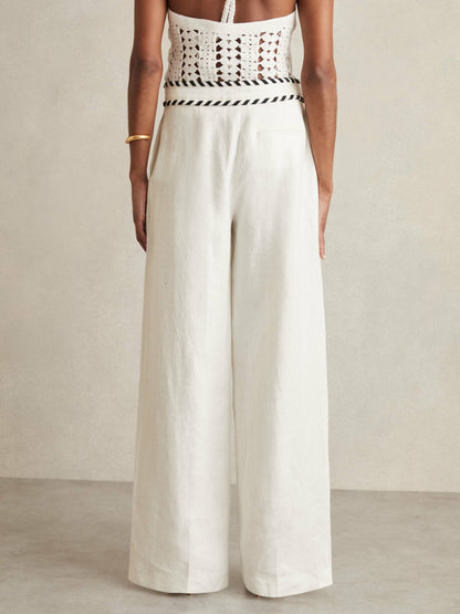 Reiss Linen Wide-Leg Whipstitch Trousers in White