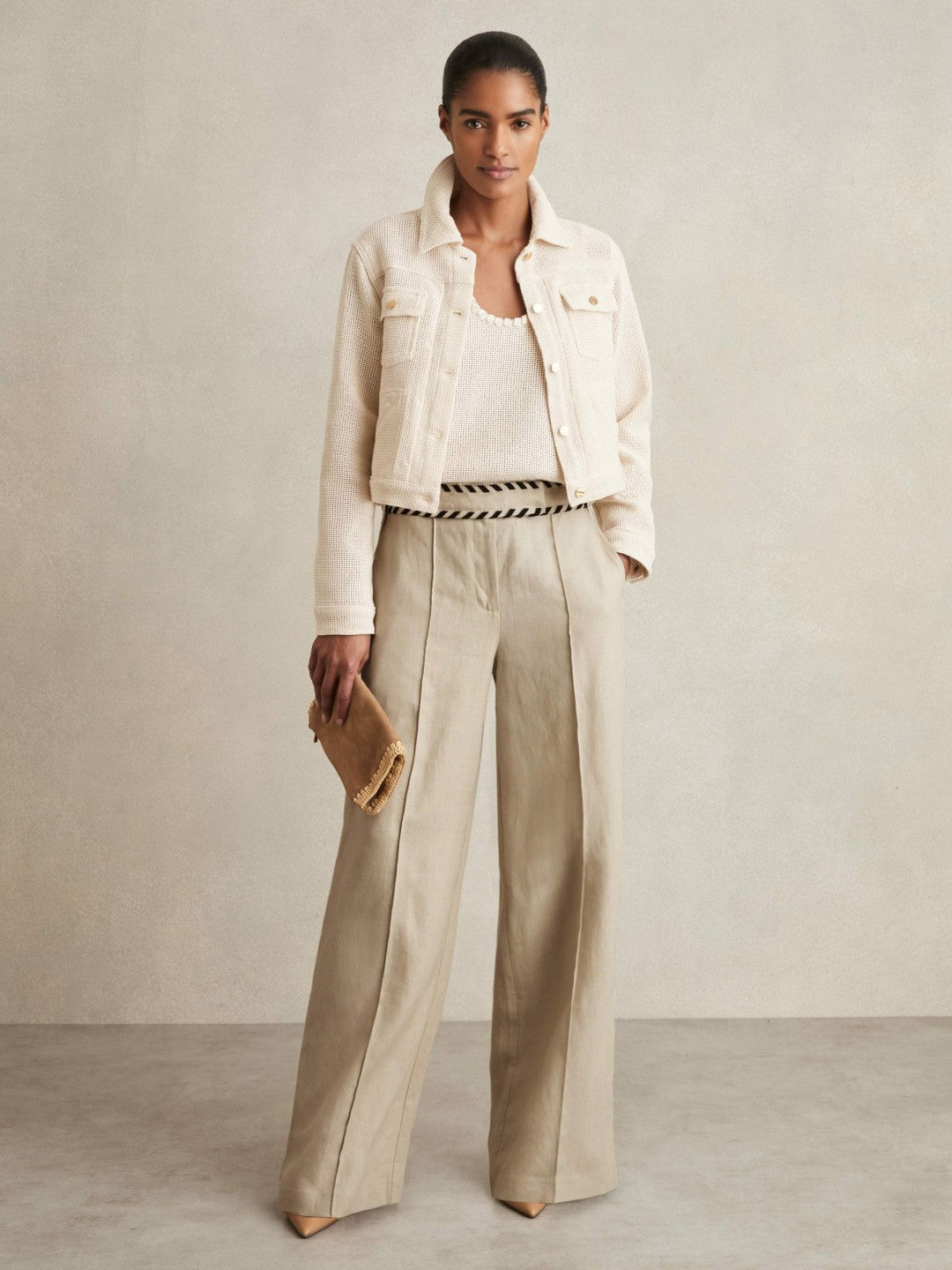Reiss Linen Wide-Leg Whipstitch Trousers in Neutral