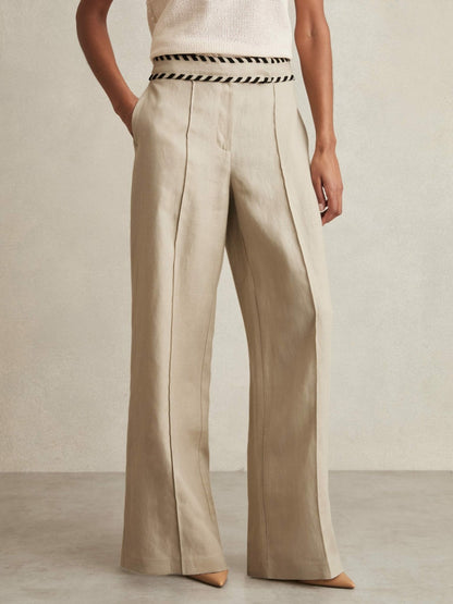 Reiss Linen Wide-Leg Whipstitch Trousers in Neutral