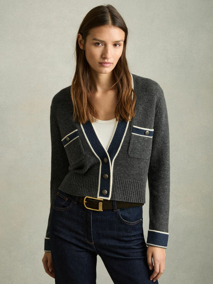 Reiss Popular Choice - Wool-Cashmere Tipped V-Neck Cardigan in Charcoal