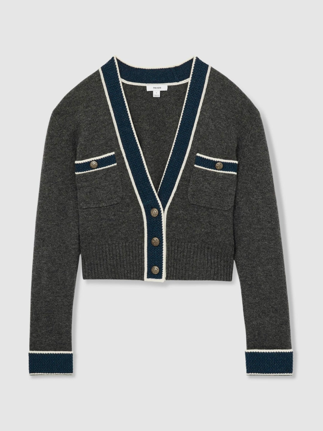 Reiss Popular Choice - Wool-Cashmere Tipped V-Neck Cardigan in Charcoal
