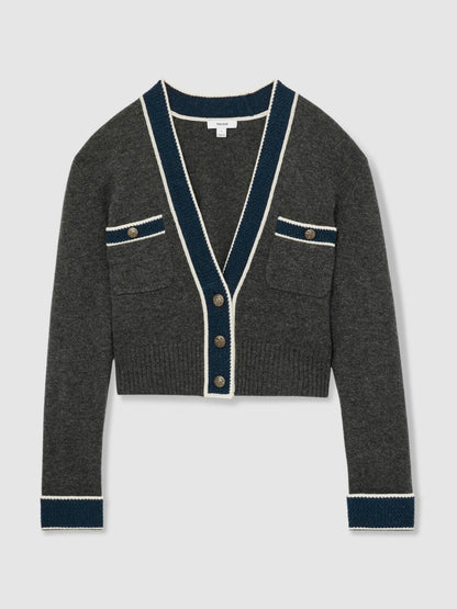 Reiss Popular Choice - Wool-Cashmere Tipped V-Neck Cardigan in Charcoal
