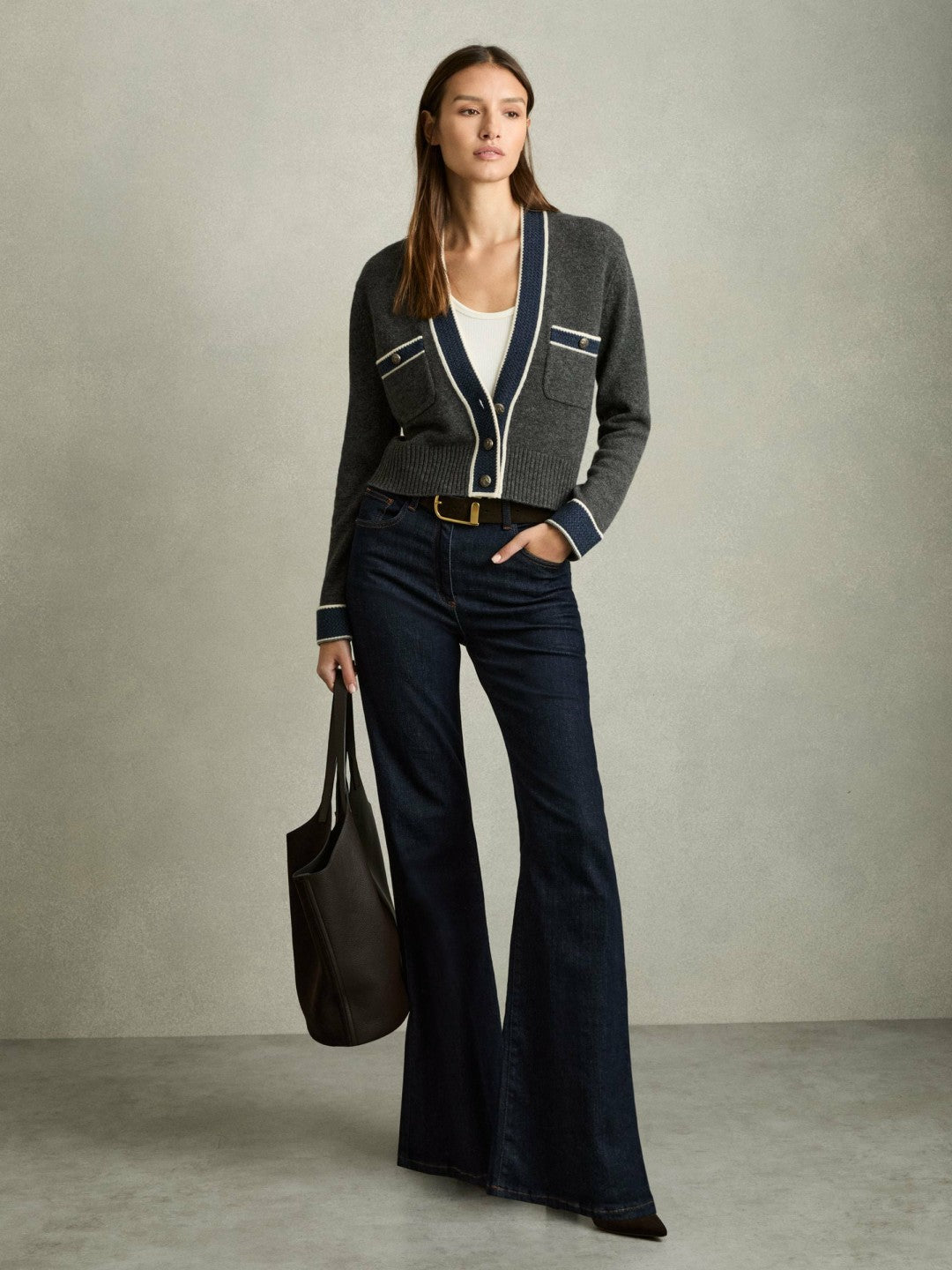 Reiss Popular Choice - Wool-Cashmere Tipped V-Neck Cardigan in Charcoal