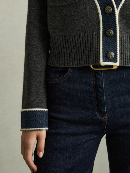 Reiss Popular Choice - Wool-Cashmere Tipped V-Neck Cardigan in Charcoal