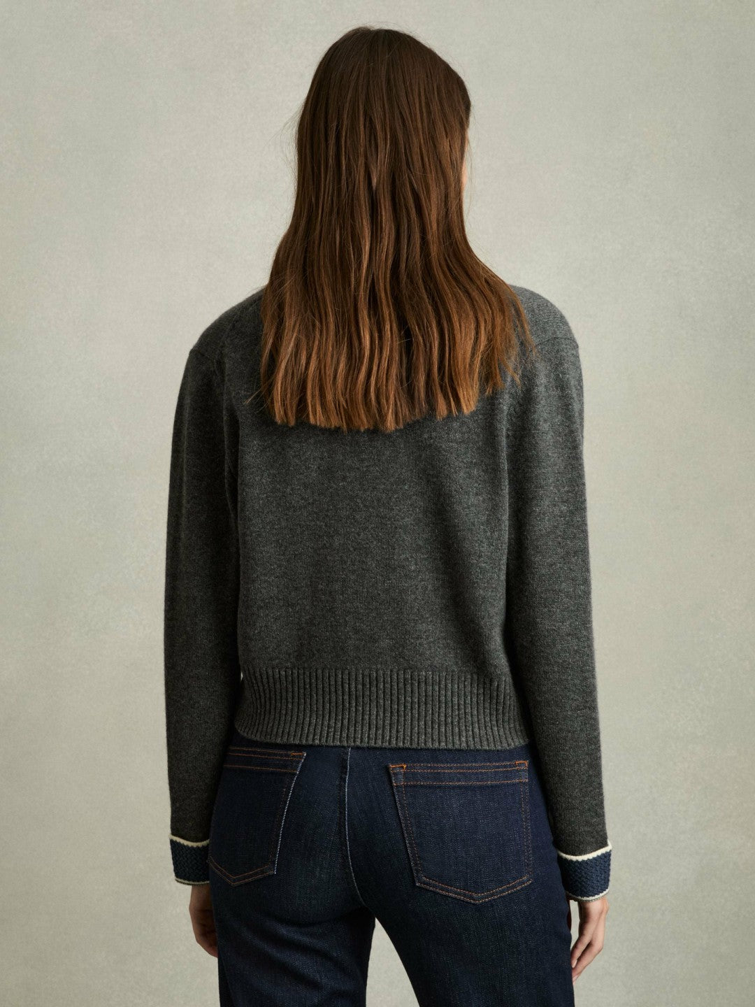 Reiss Popular Choice - Wool-Cashmere Tipped V-Neck Cardigan in Charcoal