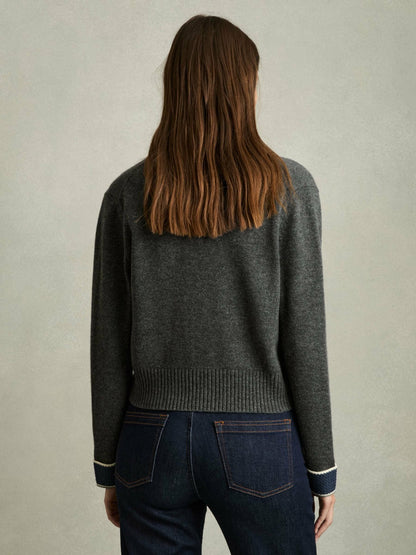 Reiss Popular Choice - Wool-Cashmere Tipped V-Neck Cardigan in Charcoal