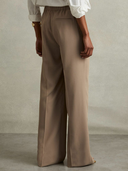 Reiss Elasticated-Waist Wide-Leg Twill Trousers in Mink Neutral