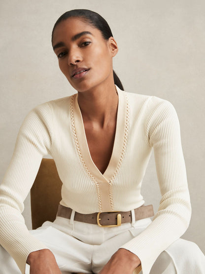 Reiss Savings - Craft-Stitch Rib-Knit Top in Ivory