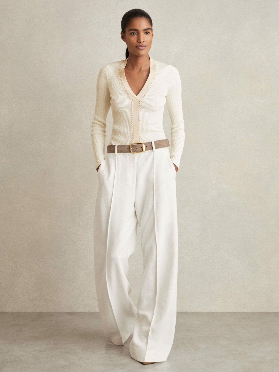 Reiss Savings - Craft-Stitch Rib-Knit Top in Ivory