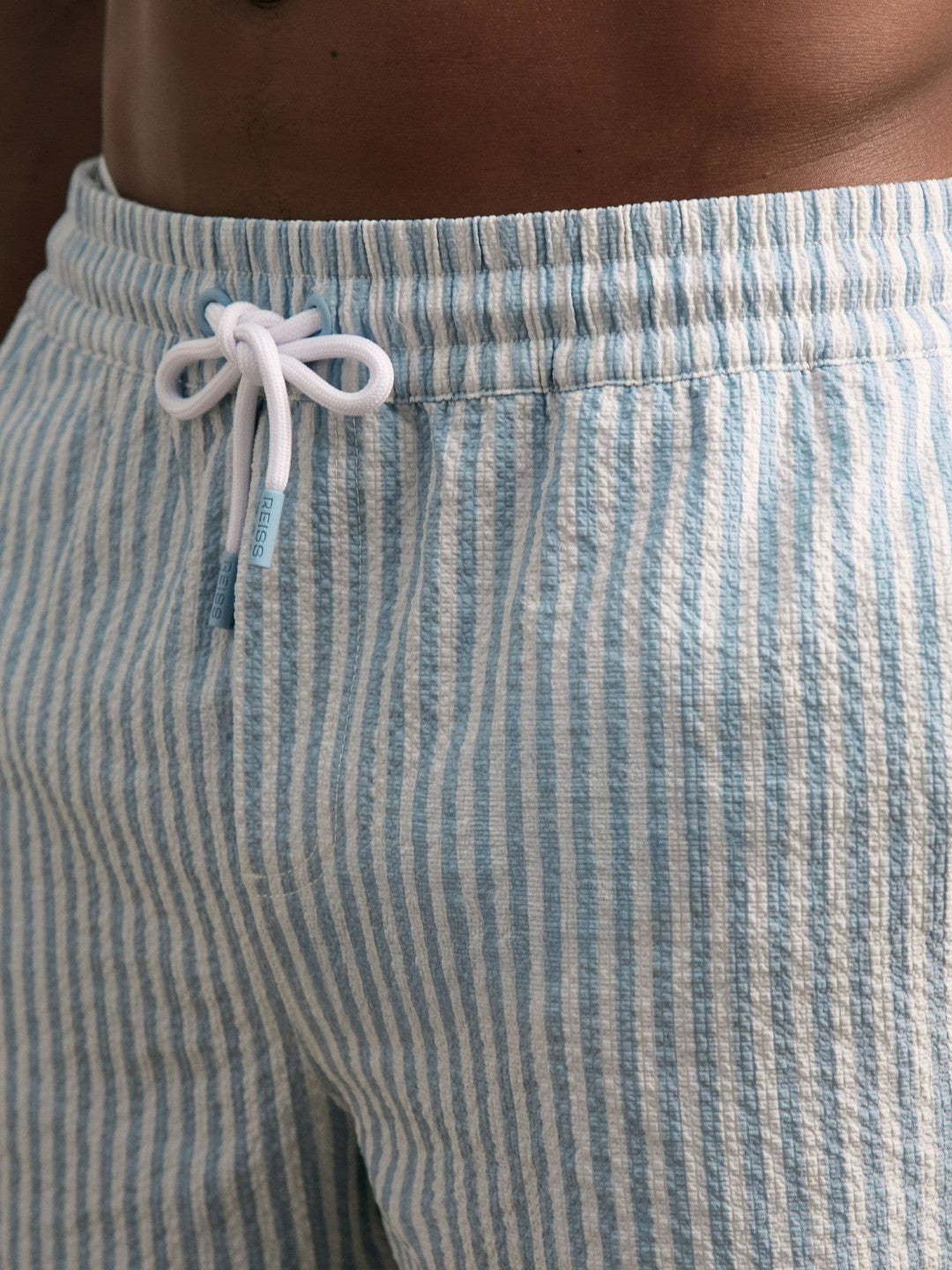 Reiss Featured - Seersucker Stripe Swim Shorts in Soft Blue/White
