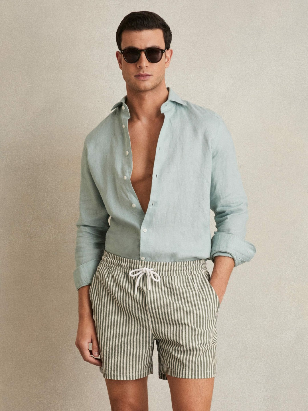 Reiss Deal - Seersucker Stripe Swim Shorts in Sage/White