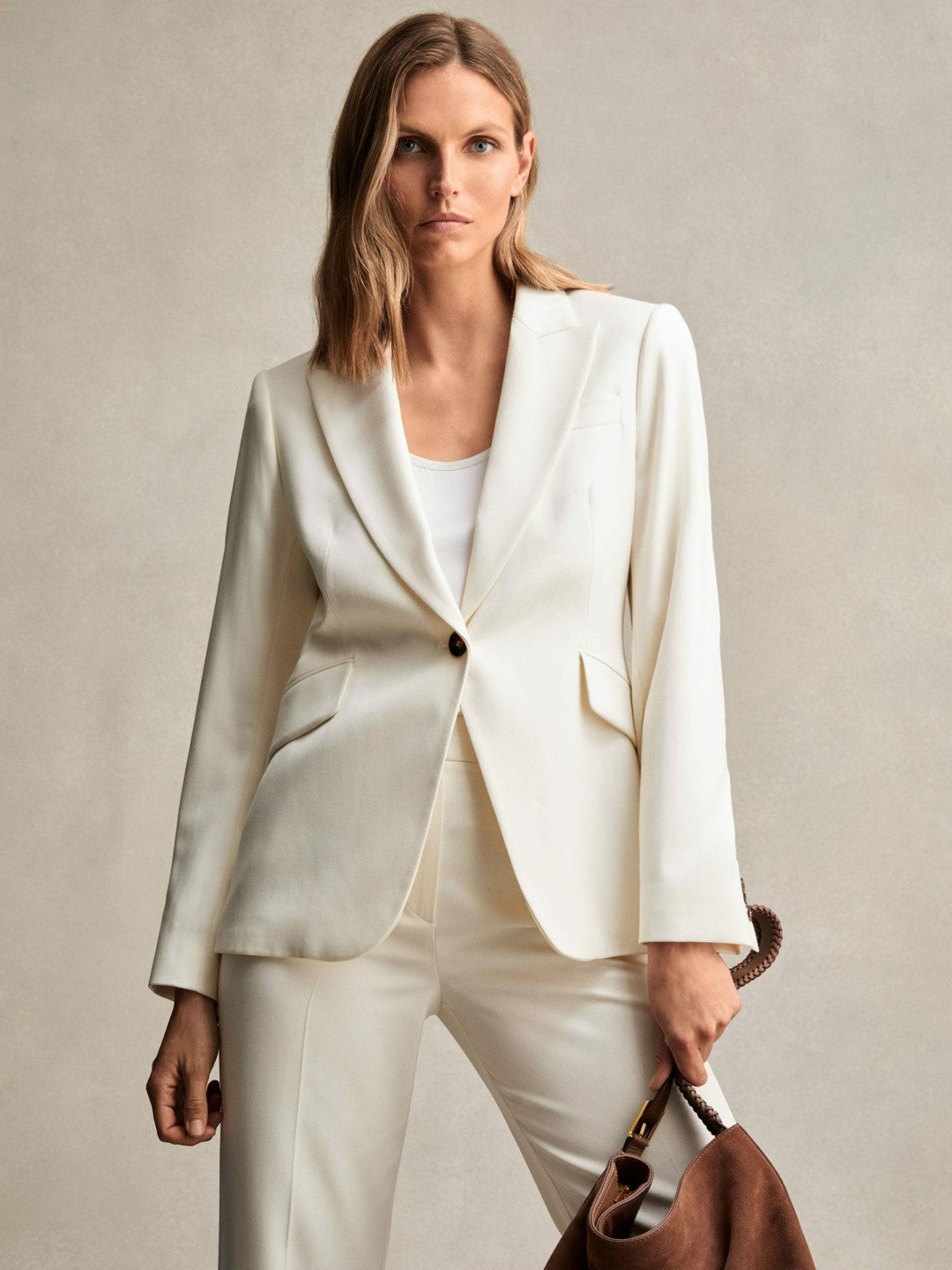 Reiss Featured - Petite Single-Breasted Peak-Lapel Tailored Blazer in Cream