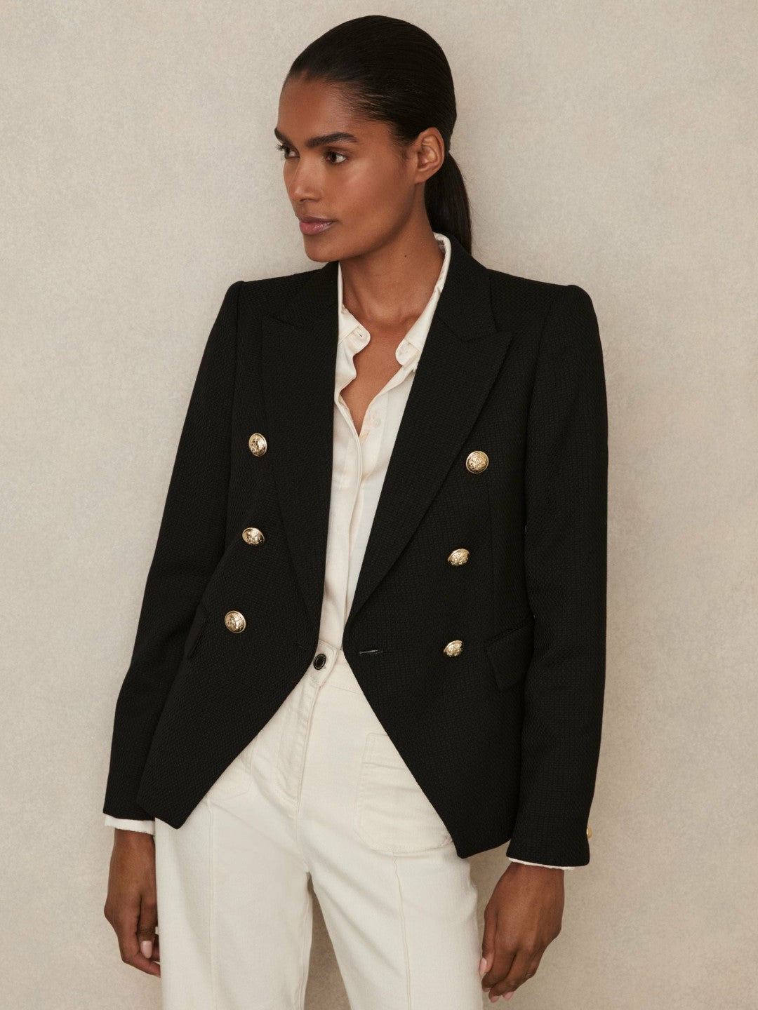 Reiss Offer - Petite Tailored Fit Textured Double Breasted Blazer in Black