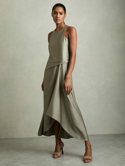 Reiss Satin Drape Tuck Midi Dress in Khaki