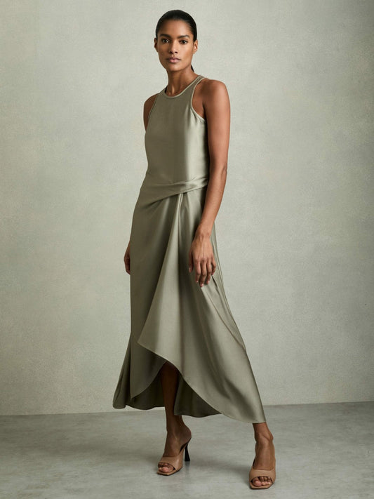 Reiss Satin Drape Tuck Midi Dress in Khaki
