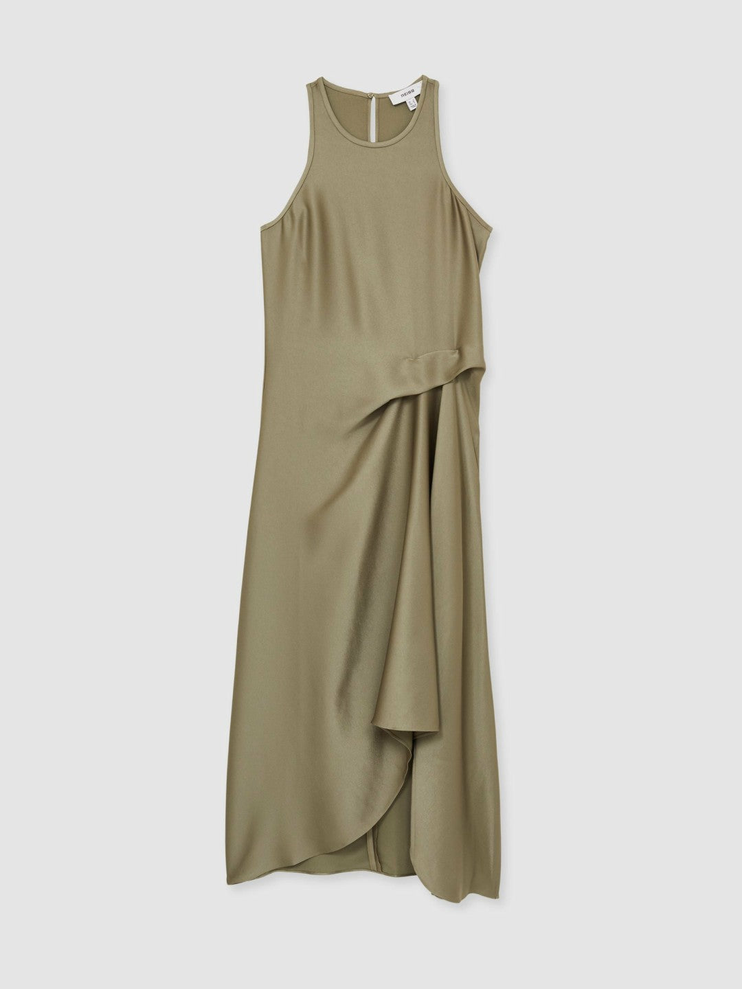 Reiss Satin Drape Tuck Midi Dress in Khaki