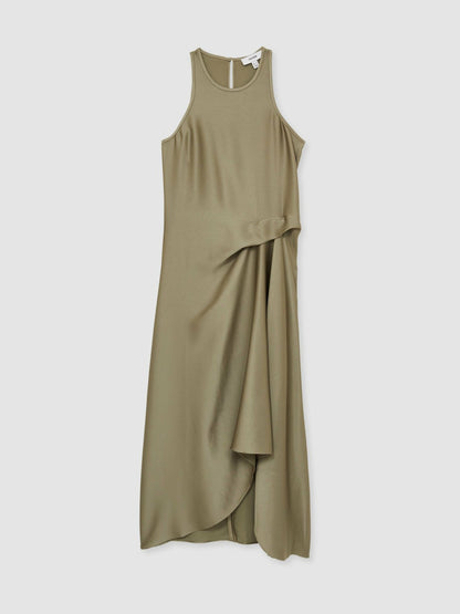 Reiss Satin Drape Tuck Midi Dress in Khaki