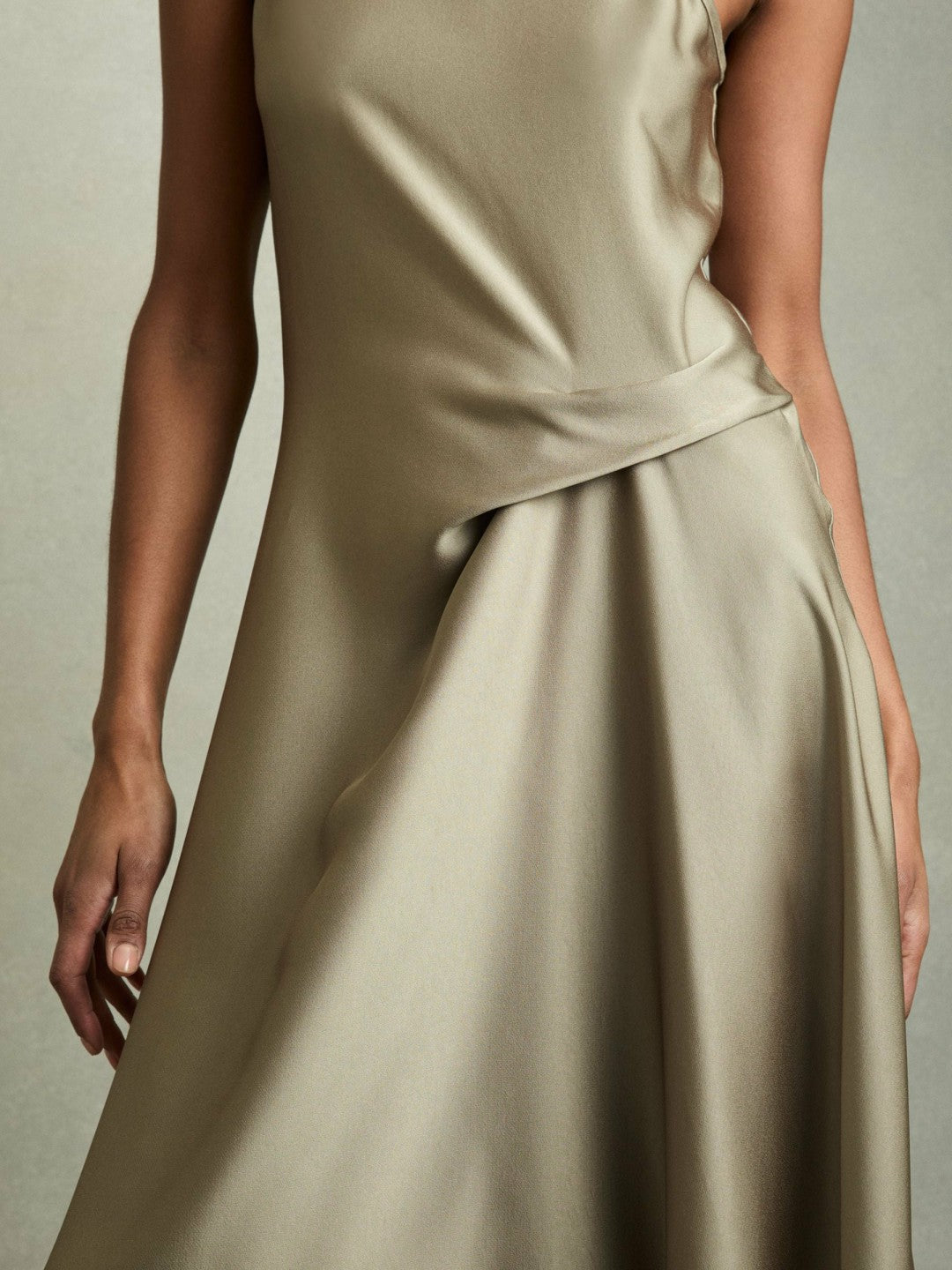 Reiss Satin Drape Tuck Midi Dress in Khaki